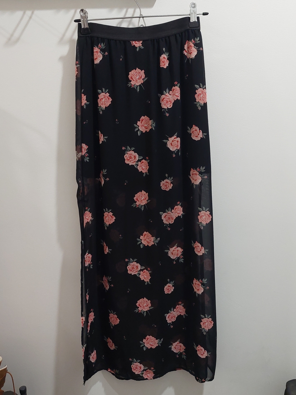 Divided H&M US 0 Black Sheer Maxi Skirt with Pink Rose Print